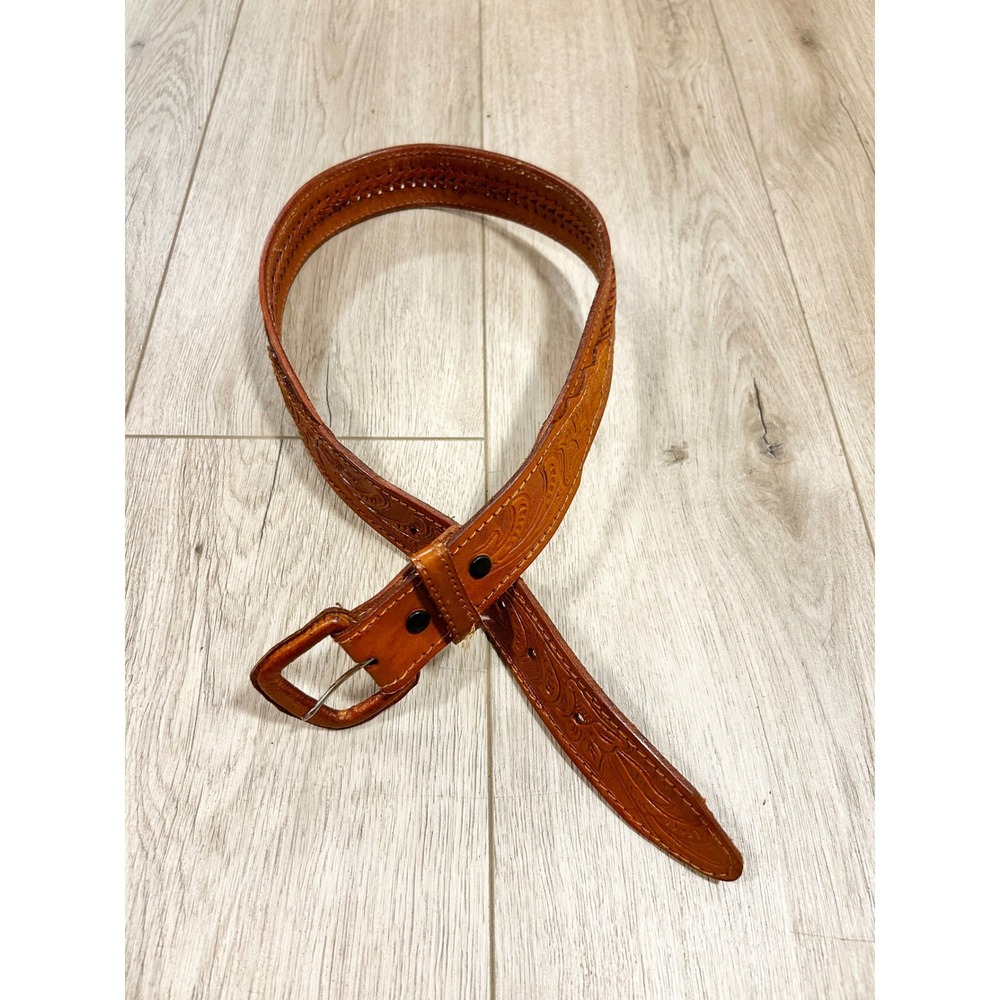 Vintage Tan Floral Tooled Leather Western Belt Woven Detail Size 32